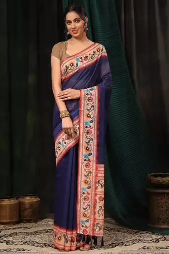 Silk Land  Navy Blue  Digital Printed Cotton Blend Saree 