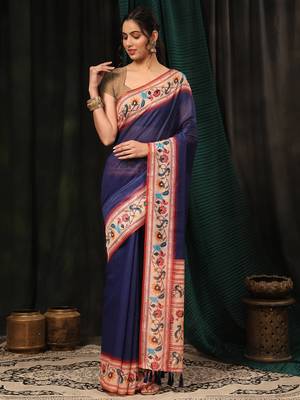 Silk Land  Navy Blue  Digital Printed Cotton Blend Saree  2