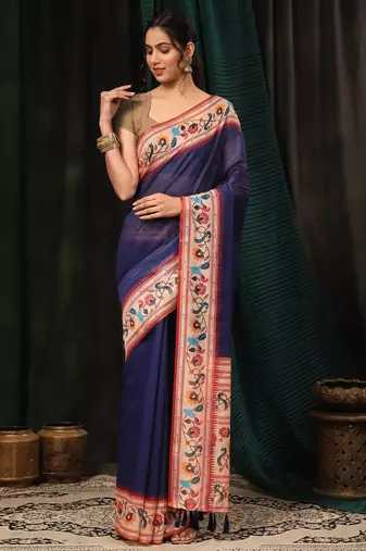 Silk Land  Navy Blue  Digital Printed Cotton Blend Saree 