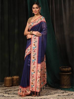 Silk Land  Navy Blue  Digital Printed Cotton Blend Saree  3