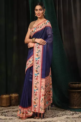 Silk Land  Navy Blue  Digital Printed Cotton Blend Saree 