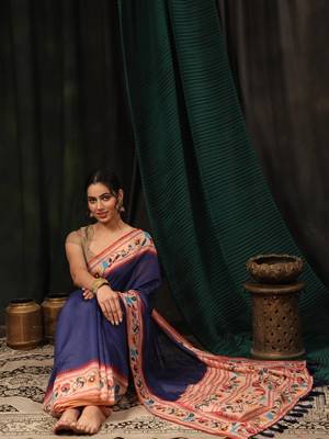 Silk Land  Navy Blue  Digital Printed Cotton Blend Saree  4
