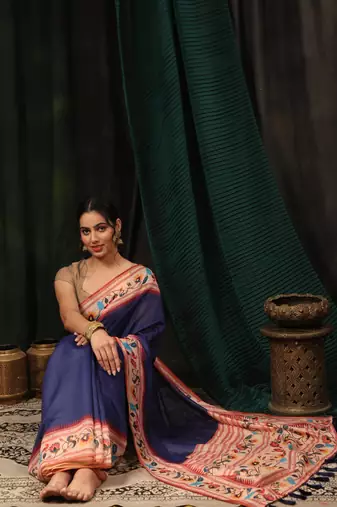 Silk Land  Navy Blue  Digital Printed Cotton Blend Saree 