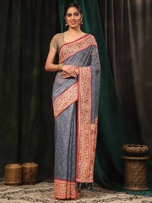 Silk Land  Grey  Digital Printed Cotton Blend Saree  1