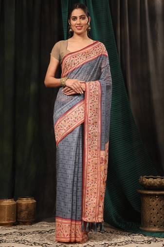 Silk Land  Grey  Digital Printed Cotton Blend Saree 