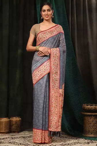 Silk Land  Grey  Digital Printed Cotton Blend Saree 