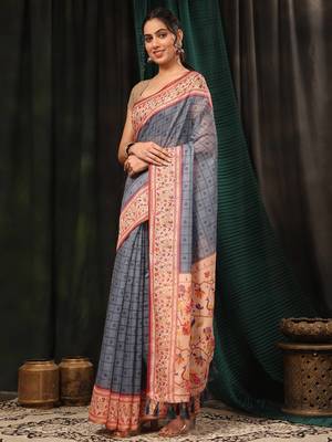 Silk Land  Grey  Digital Printed Cotton Blend Saree  2