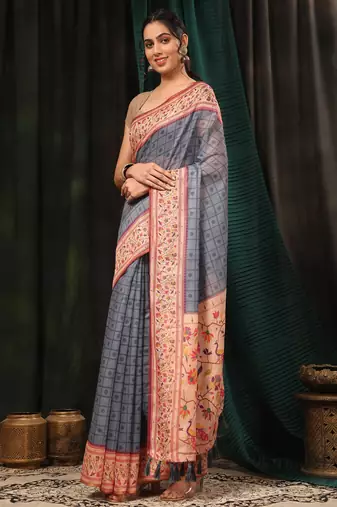 Silk Land  Grey  Digital Printed Cotton Blend Saree 