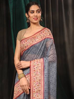 Silk Land  Grey  Digital Printed Cotton Blend Saree  3