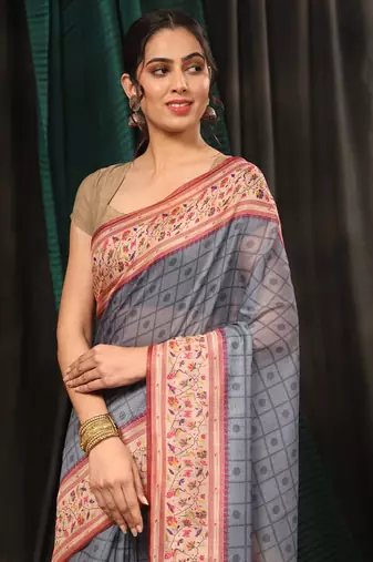 Silk Land  Grey  Digital Printed Cotton Blend Saree 
