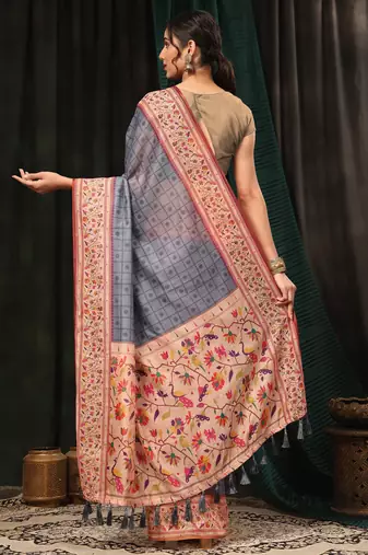 Silk Land  Grey  Digital Printed Cotton Blend Saree 