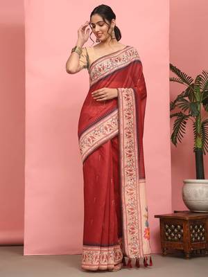 Silk Land  Red  Digital Printed Cotton Blend Saree  1