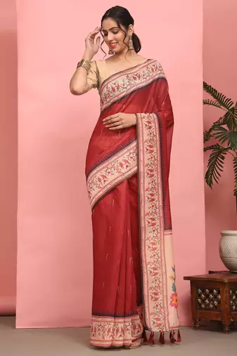 Silk Land  Red  Digital Printed Cotton Blend Saree 