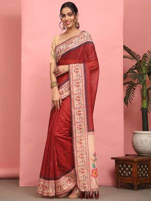 Silk Land  Red  Digital Printed Cotton Blend Saree  2