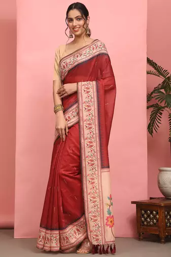 Silk Land  Red  Digital Printed Cotton Blend Saree 