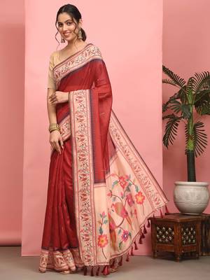Silk Land  Red  Digital Printed Cotton Blend Saree  3