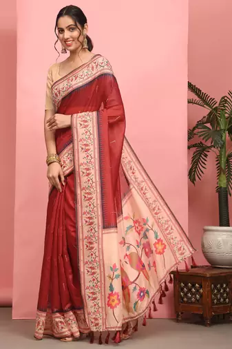 Silk Land  Red  Digital Printed Cotton Blend Saree 