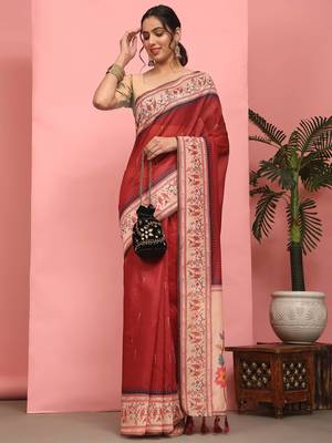 Silk Land  Red  Digital Printed Cotton Blend Saree  4