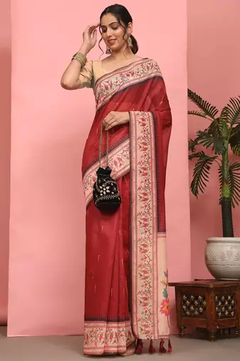 Silk Land  Red  Digital Printed Cotton Blend Saree 