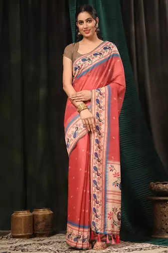 Silk Land  Pink  Digital Printed Cotton Blend Saree 