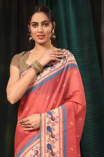 Silk Land  Pink  Digital Printed Cotton Blend Saree 