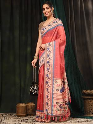 Silk Land  Pink  Digital Printed Cotton Blend Saree  3