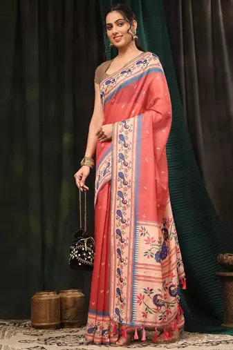 Silk Land  Pink  Digital Printed Cotton Blend Saree 