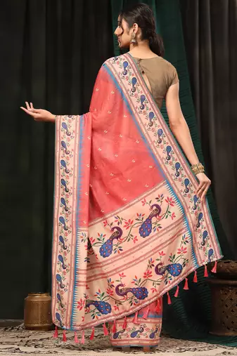 Silk Land  Pink  Digital Printed Cotton Blend Saree 