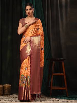 Silk Land  Orange  Digital Printed Soft Silk Blend Saree  1