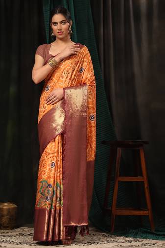 Silk Land  Orange  Digital Printed Soft Silk Blend Saree 
