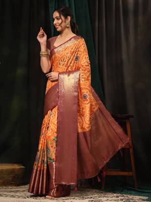 Silk Land  Orange  Digital Printed Soft Silk Blend Saree  2