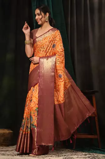 Silk Land  Orange  Digital Printed Soft Silk Blend Saree 