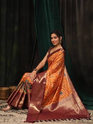 Silk Land  Orange  Digital Printed Soft Silk Blend Saree  3