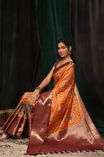 Silk Land  Orange  Digital Printed Soft Silk Blend Saree 