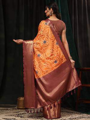 Silk Land  Orange  Digital Printed Soft Silk Blend Saree  5