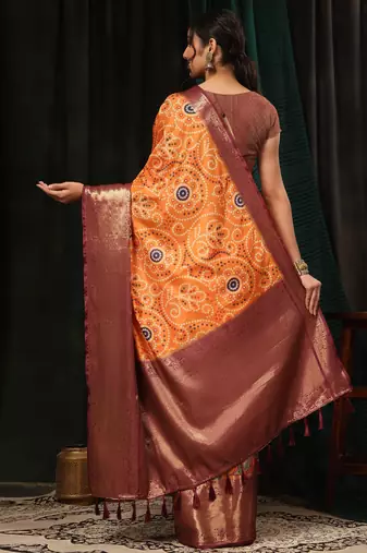 Silk Land  Orange  Digital Printed Soft Silk Blend Saree 