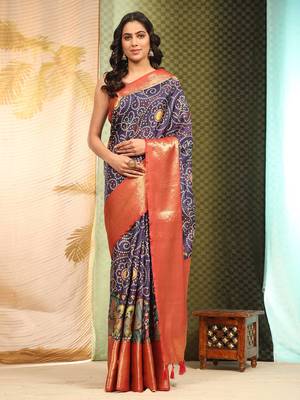 Silk Land  Blue  Digital Printed Soft Silk Blend Saree  1