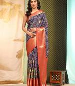 Silk Land  Blue  Digital Printed Soft Silk Blend Saree 