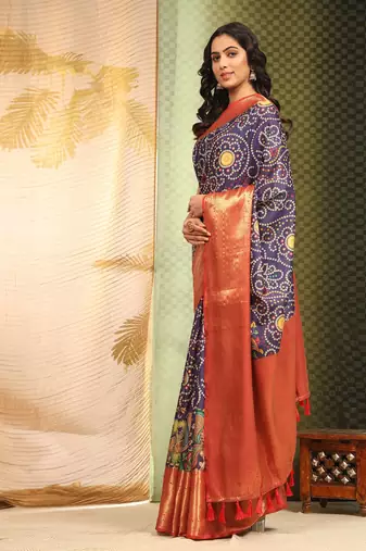 Silk Land  Blue  Digital Printed Soft Silk Blend Saree 