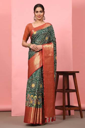 Silk Land  Green  Digital Printed Soft Silk Blend Saree 