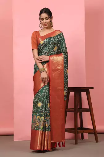 Silk Land  Green  Digital Printed Soft Silk Blend Saree 