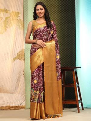 Silk Land  Purple  Digital Printed Soft Silk Blend Saree  1