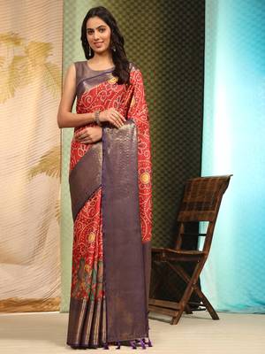 Silk Land  Red  Digital Printed Soft Silk Blend Saree  1