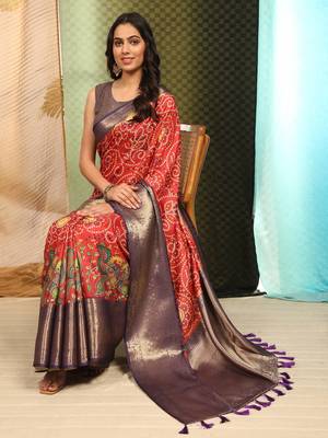Silk Land  Red  Digital Printed Soft Silk Blend Saree  4