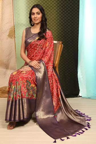 Silk Land  Red  Digital Printed Soft Silk Blend Saree 