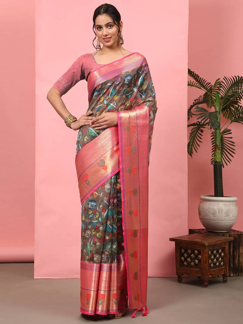 Silk Land  Brown  Digital Printed Art Silk Saree 