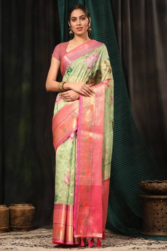 Silk Land  Parrot Green  Digital Printed Art Silk Saree 