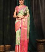 Silk Land  Parrot Green  Digital Printed Art Silk Saree 