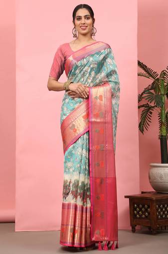 Silk Land  Teal  Digital Printed Art Silk Saree 