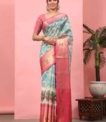 Silk Land  Teal  Digital Printed Art Silk Saree 